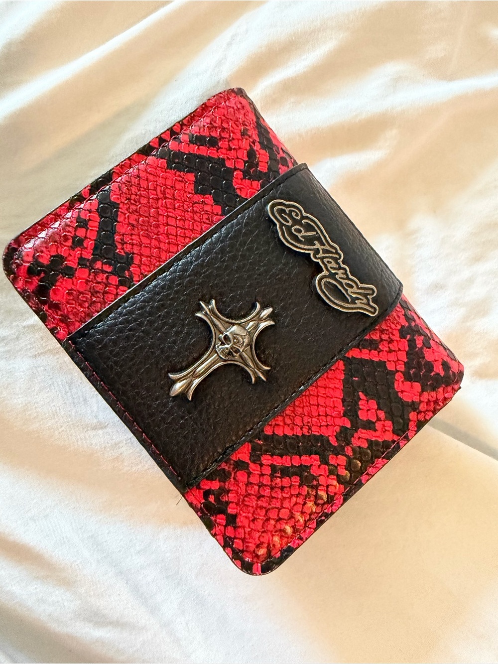 Ed Hardy Red and Black Snake-Print Bifold Wallet with Cross Accent